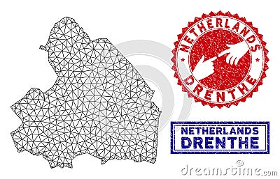 Polygonal Carcass Drenthe Province Map and Grunge Stamps Vector Illustration