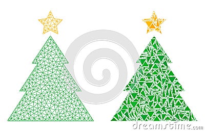 Polygonal Carcass Mesh Christmas Tree and Mosaic Icon Vector Illustration