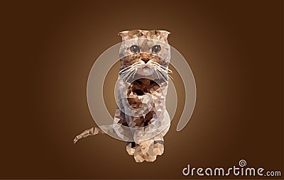 Polygonal cat light brown color sits on a gradient background. British fold cat triangulation. Stock Photo