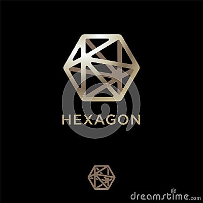 Polygonal crystal icon. Hexagon logo. Six-pointed gold crystal and letters on a dark background. Vector Illustration