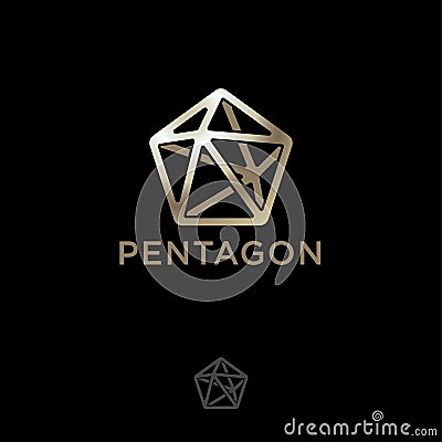 Polygonal crystal icon. Pentahedron logo. Five-pointed gold crystal and letters. Vector Illustration