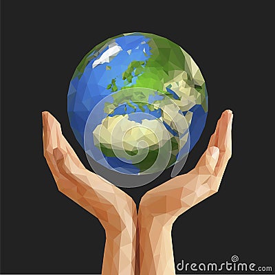 polygonal cupped hands that hold polygon planet earth europe gray Vector Illustration