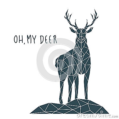 Polygonal Deer Print with lettering. Scandinavian style poster. Vector Illustration