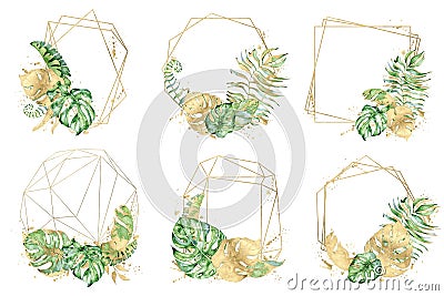 Polygonal frame with gold and green tropical leaves Cartoon Illustration