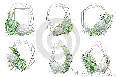 Polygonal frame with green and silver tropical leaves Cartoon Illustration