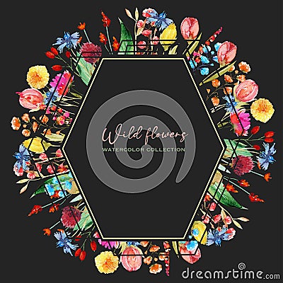 Polygonal frame of watercolor cornflowers, dandelion, clover and other wildflowers Cartoon Illustration