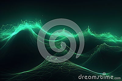 Polygonal green abstraction mountains with spiky connection structure on black background made with generative AI Cartoon Illustration