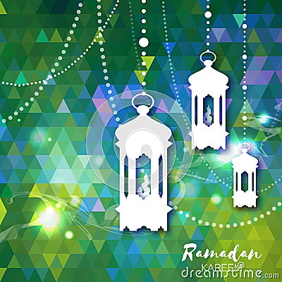 Polygonal green Ramadan Kareem celebration greeting card. Vector Illustration