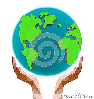 Polygonal hands holding the polygon globe. Day of the Earth. Vector Illustration