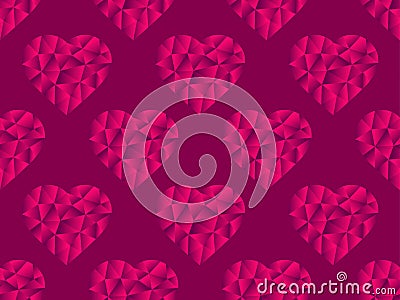 Polygonal hearts seamless pattern red color. Happy Valentine`s day, 14th of February. Bright hearts with gradient. Vector Vector Illustration
