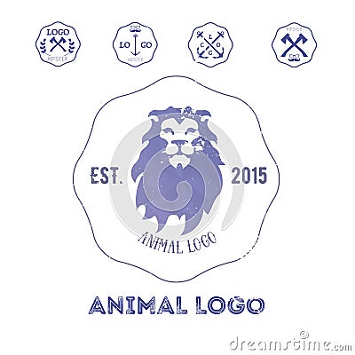 Polygonal hipster logo with head of lion in violet color with gr Vector Illustration