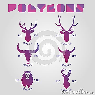 Polygonal hipster logo with heads of deer, buffalo and lion Vector Illustration