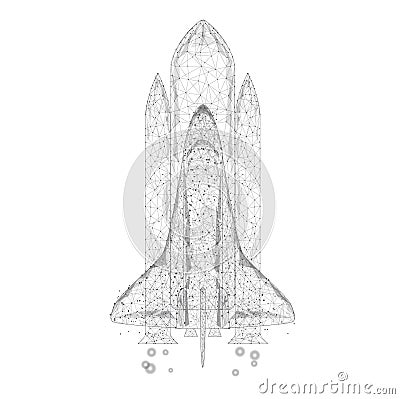 Polygonal illustration Shuttle launch from triangles and luminous points. Successful startup concept. Black and white. Low poly Cartoon Illustration