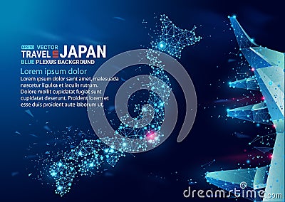 Polygonal map of Japan. Floating blue plexus geometric background. Creative abstract vector. Communications and travel. Vector Illustration