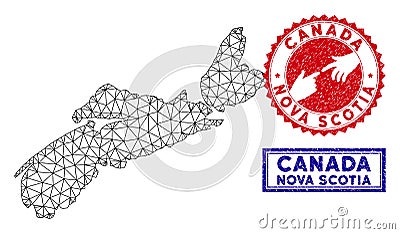 Polygonal Mesh Nova Scotia Province Map and Grunge Stamps Vector Illustration