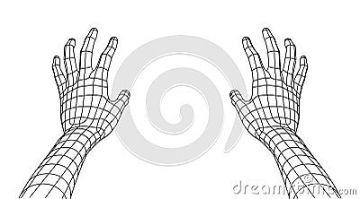 Polygonal Mesh or Wireframe Hands Open and Reaching in Front of Viewer. VR or Virtual Reality Concept Vector Illustration