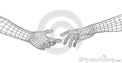 Polygonal Mesh or Wireframe Hands Reaching to Each Other Vector Illustration