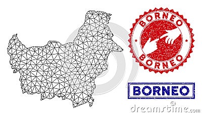 Polygonal Network Borneo Map and Grunge Stamps Vector Illustration