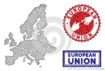 Polygonal Network European Union Map and Grunge Stamps Vector Illustration