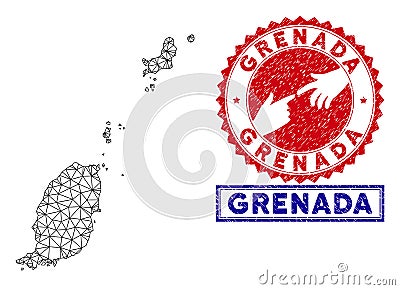 Polygonal Network Grenada Map and Grunge Stamps Vector Illustration