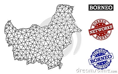 Polygonal Network Mesh Vector Map of Borneo Island and Network Grunge Stamps Vector Illustration