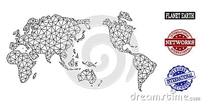 Polygonal Network Mesh Vector Map of Earth and Network Grunge Stamps Vector Illustration