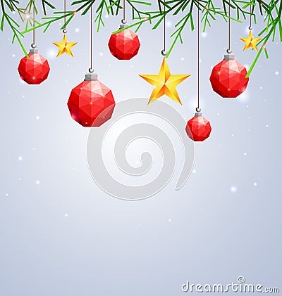 Polygonal red Christmas ball and star hanging on winter background with fir-tree branches Vector Illustration