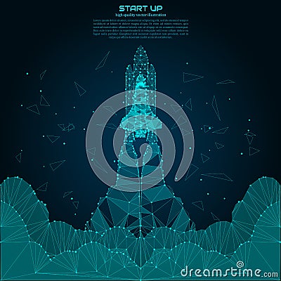 Polygonal Shuttle Launch. Point and line composition. Spaceship and space background. Projects template for business. Vector Illustration