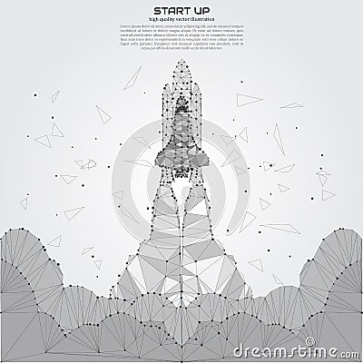 Polygonal Shuttle Launch. Point and line composition. Spaceship and space background. Projects template for business. Vector Illustration