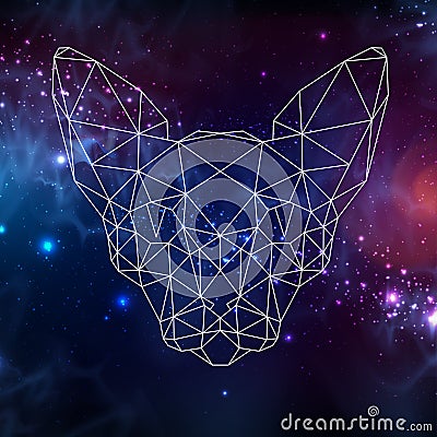 Polygonal silhouette of sphynx cat on dark open space background. Abstract Polygonal head of cat Vector Illustration