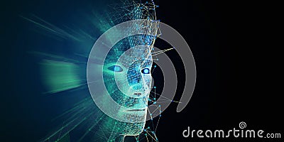 Polygonal technology background with 3d wireframe head, blurred and lens effects. Artificial intelligence concept for business and Stock Photo