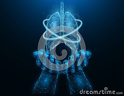 Polygonal vector illustration of a hand with human lungs. Lung recovery Vector Illustration