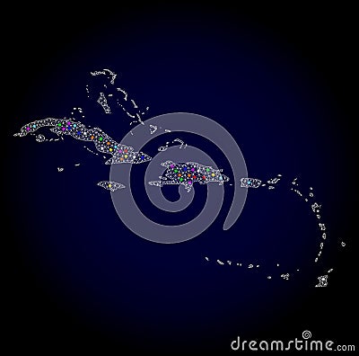 Mesh Polygonal Map of Caribbean Islands with Colorful Light Spots Vector Illustration