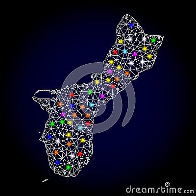 Mesh Network Map of Guam Island with Colorful Light Spots Vector Illustration