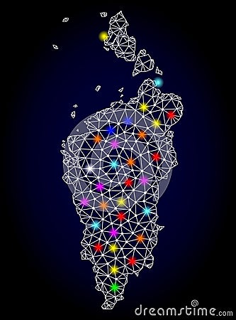 Mesh Carcass Map of Krasnoyarskiy Kray with Colorful Light Spots Vector Illustration