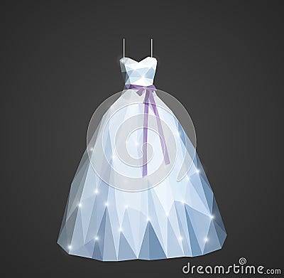 Polygonal wedding dress with shining sequins and purple belt Vector Illustration