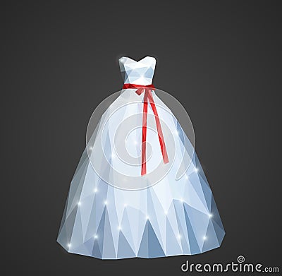 Polygonal wedding dress with shining sequins and red belt Vector Illustration