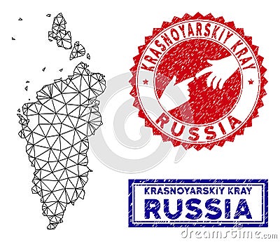 Polygonal Wire Frame Krasnoyarskiy Kray Map and Grunge Stamps Vector Illustration