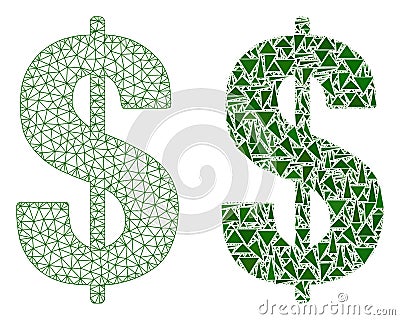 Polygonal Wire Frame Mesh Dollar Symbol and Mosaic Icon Vector Illustration