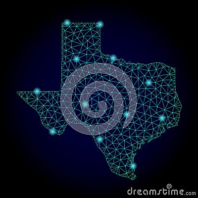 Polygonal Wire Frame Mesh Map of Texas State with Light Spots Stock Photo