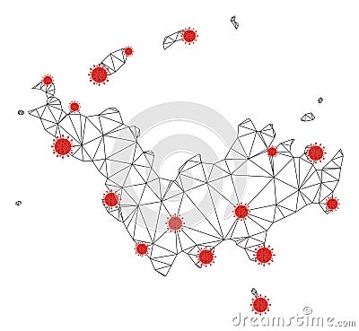 Polygonal Wire Frame Mesh Vector Saint Barthelemy Map with Coronavirus Vector Illustration