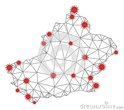 Polygonal Wire Frame Mesh Vector Xinjiang Uyghur Region Map with Coronavirus Stock Photo