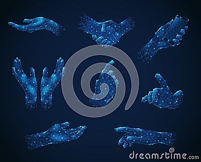 Polygonal Wireframe Hands Set Vector Illustration