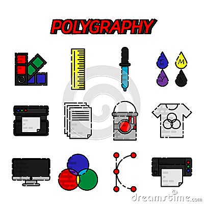 Polygraphy flat icons set Vector Illustration