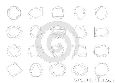 Polyhedron frame. Silver empty multangular borders. Geometric shapes with copy space. Collection of blank frameworks Stock Photo