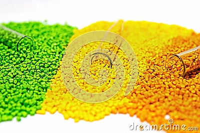 Polymeric dye. Colorant for the granules. Plastic pellets. Stock Photo