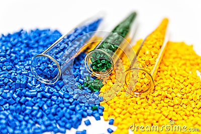 Polymeric dye. Colorant for plastics. Pigment in the granules. Stock Photo