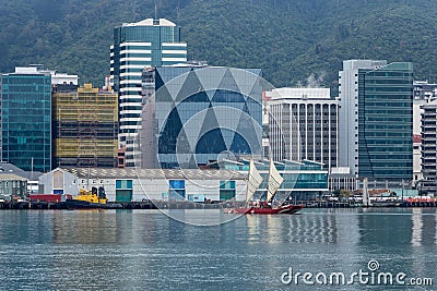 Double Hull Polynesian Canoe In Wellington City Harbor, New Zealand. Stock Photo