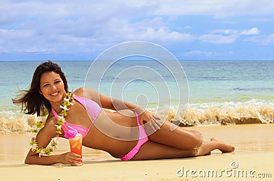 Polynesian girl with flower lei Stock Photo