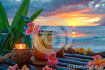 Polynesian Tiki Bar with Exotic Mai-Tai Cocktails Stock Photo